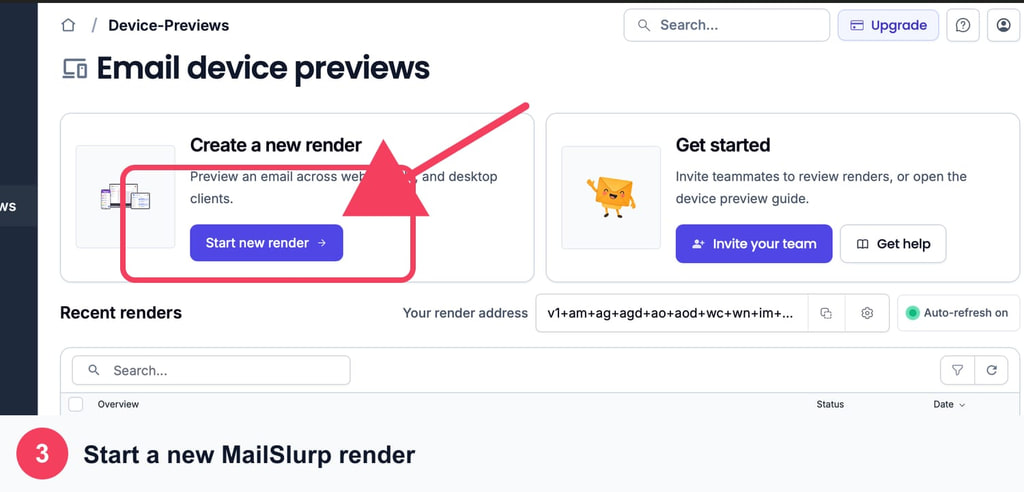MailSlurp Device Previews dashboard with Start new render outlined and indicated by an arrow