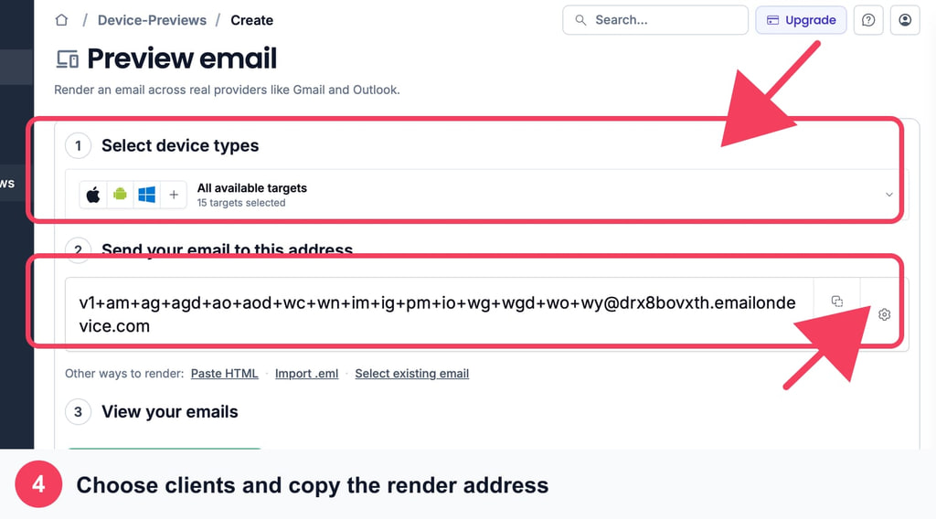 MailSlurp Preview email page with the device selector and render address outlined by arrows