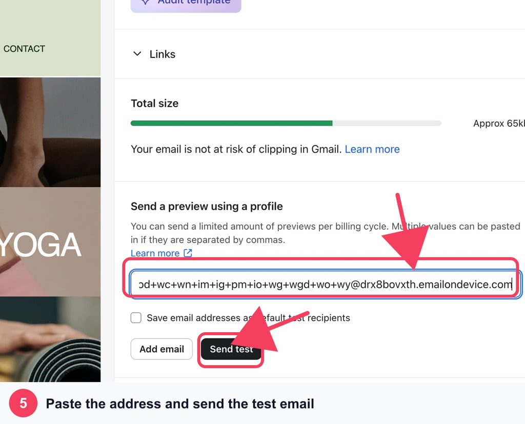 Klaviyo test-send field with the MailSlurp render address and Send test button outlined by arrows