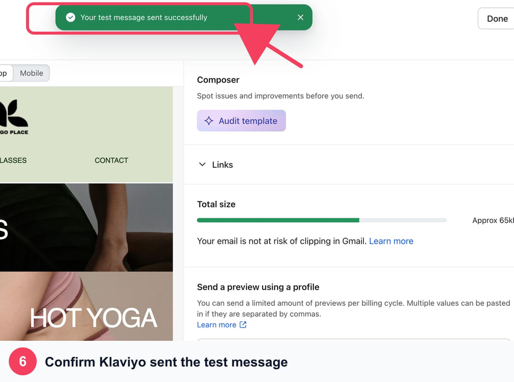 Klaviyo success message confirming that the test email was sent