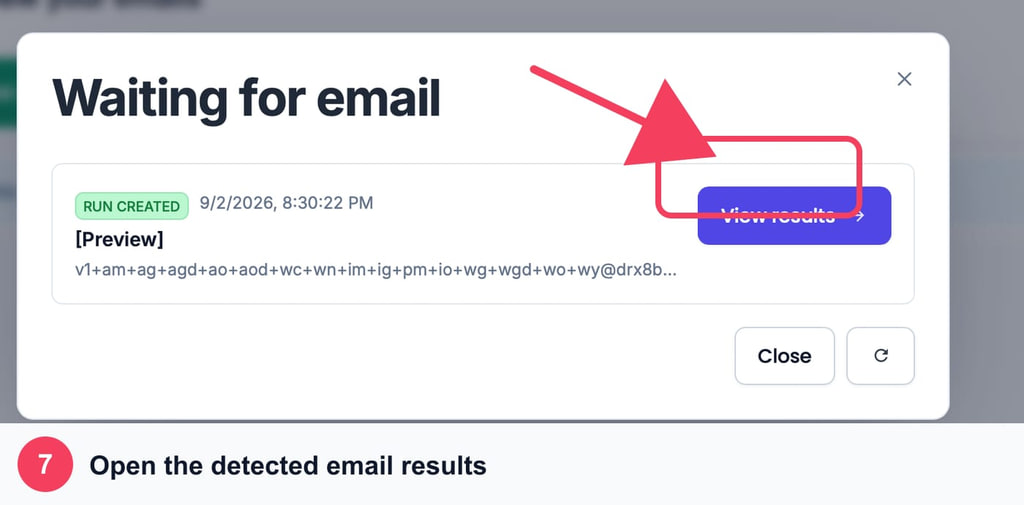 MailSlurp waiting-for-email dialog with View results outlined and indicated by an arrow