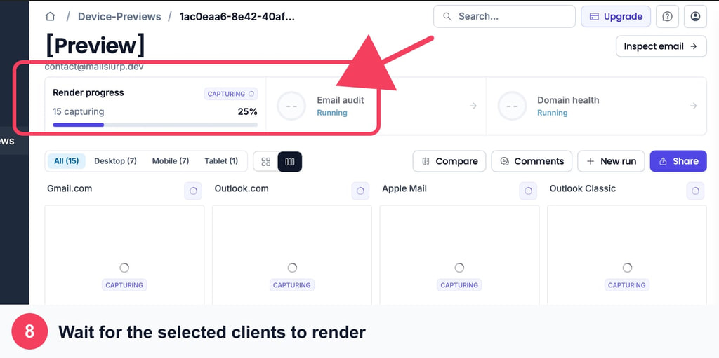 MailSlurp render page with the capture progress area outlined and indicated by an arrow