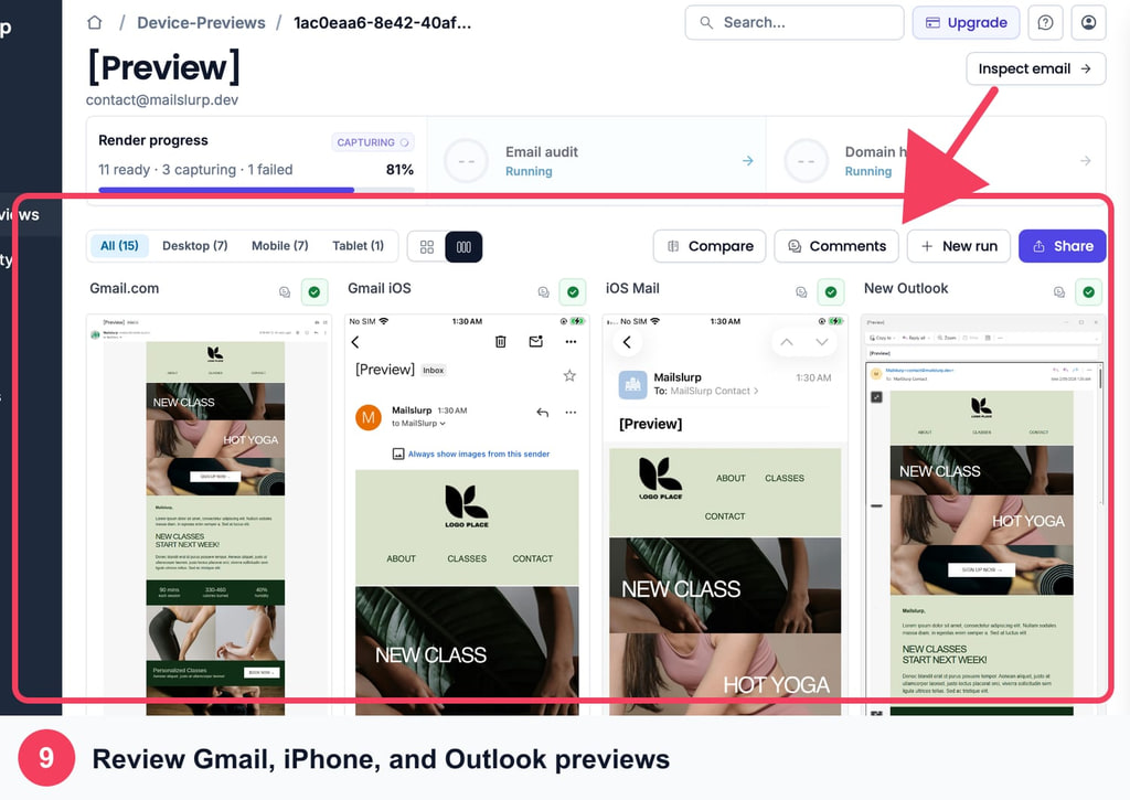 MailSlurp Klaviyo device preview result with Gmail, Gmail iOS, iOS Mail, and New Outlook screenshots outlined