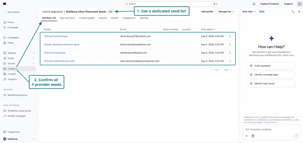 Klaviyo list with arrows showing the dedicated MailSlurp seed list and all four provider profiles