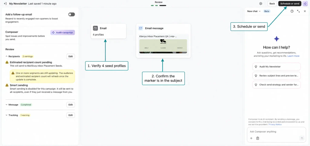 Klaviyo campaign review with arrows showing four profiles, the placement marker, and the Schedule or send action