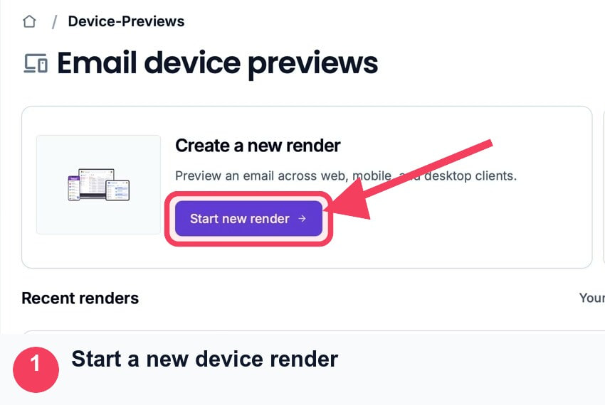 MailSlurp Device Previews page with the Start new render button outlined and indicated by an arrow