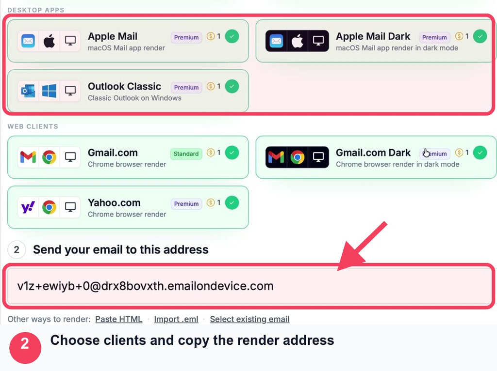 MailSlurp client selection and render address outlined with an arrow