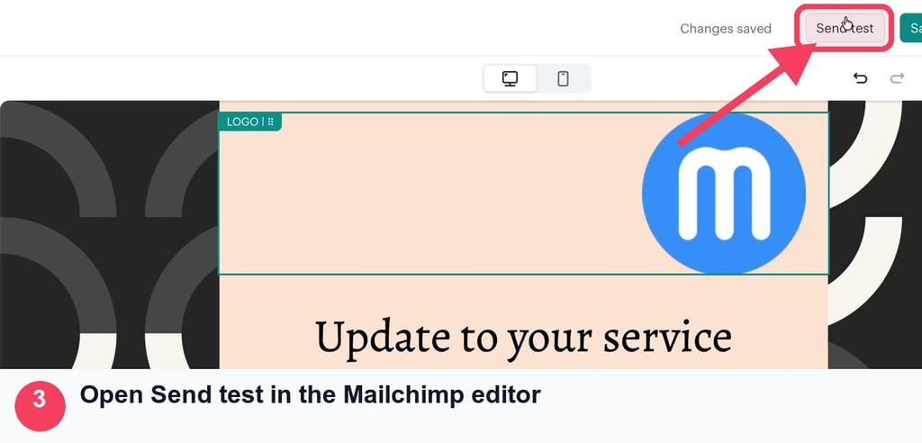 Mailchimp email editor with the Send test control outlined and indicated by an arrow