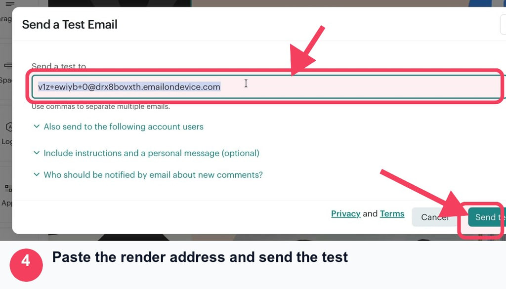 Mailchimp Send a Test Email dialog with the MailSlurp render address and Send test button outlined