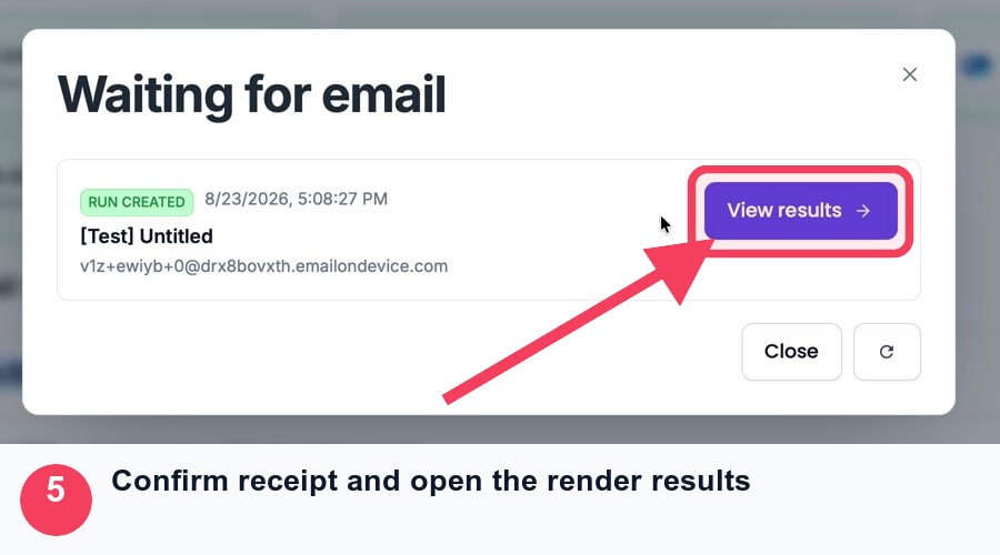 MailSlurp Waiting for email dialog with View results outlined and indicated by an arrow