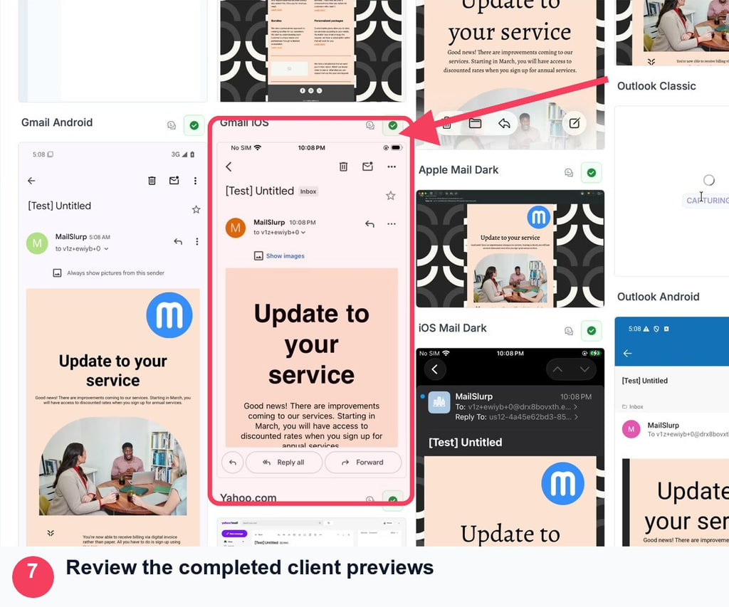 Completed MailSlurp device preview grid for one delivered Mailchimp campaign