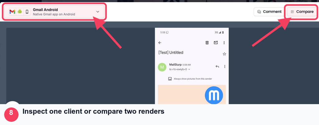 MailSlurp Gmail Android preview with the client selector and Compare control outlined by arrows