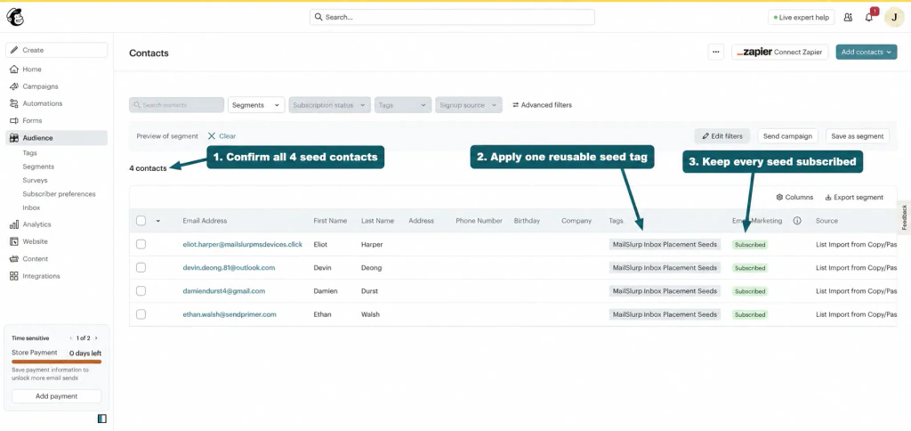 Mailchimp audience with arrows showing the dedicated inbox placement tag, four provider seed contacts, and subscribed status