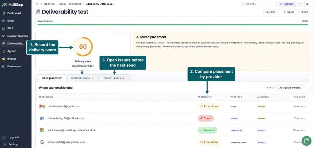 MailSlurp result for a Mailchimp campaign with arrows showing the delivery score, provider placement rows, and issue tabs