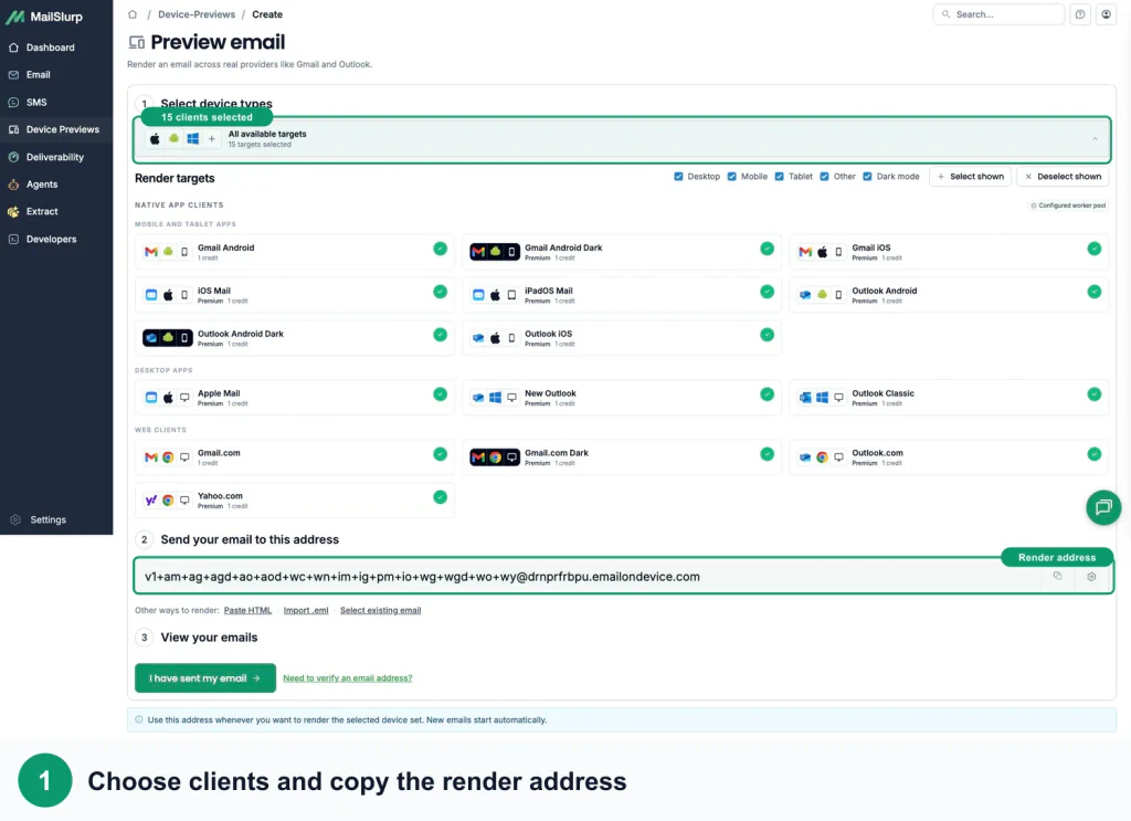 MailSlurp device preview setup with green callouts around the selected client matrix and generated render address