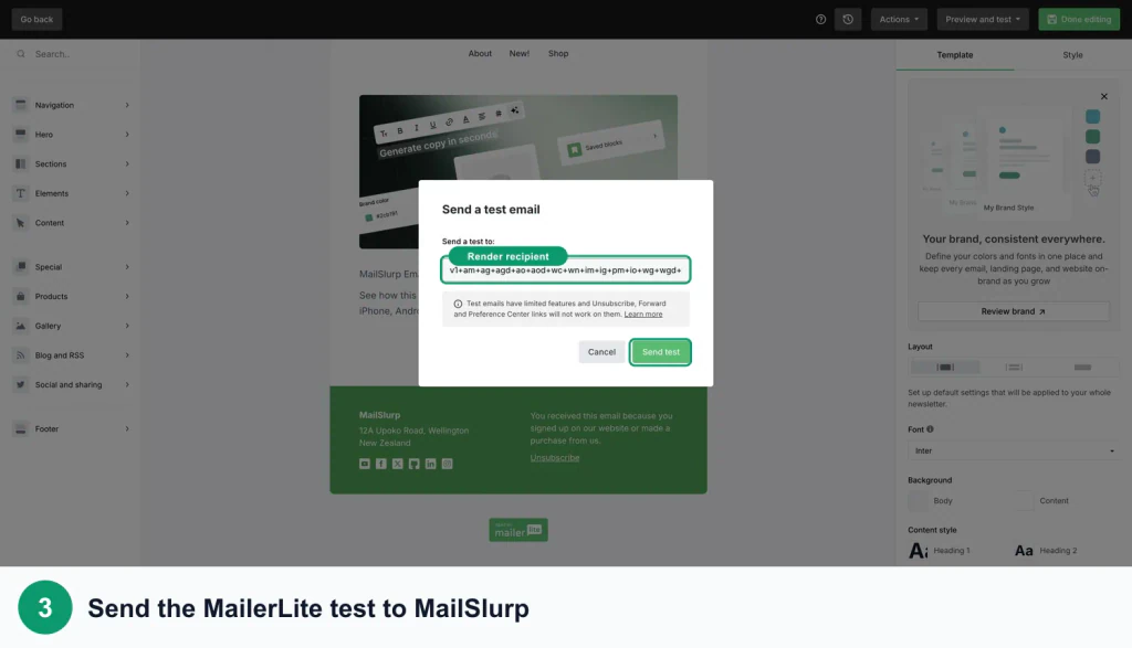 MailerLite test-send screen with green callouts around the MailSlurp render recipient and send action