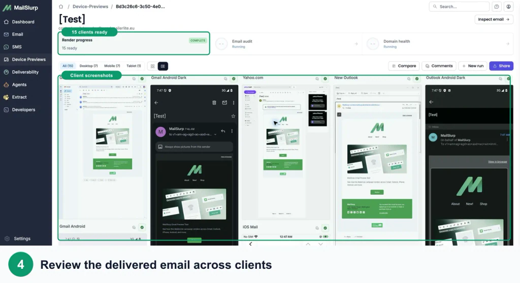 MailSlurp device previews for a delivered MailerLite newsletter