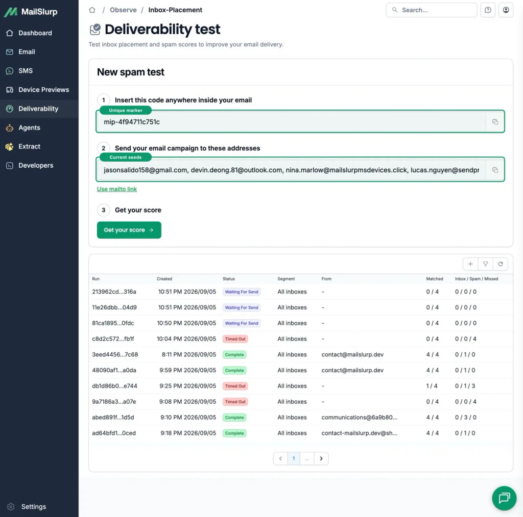 MailSlurp inbox placement setup with green callouts around the unique marker, seed list, and provider CSV action
