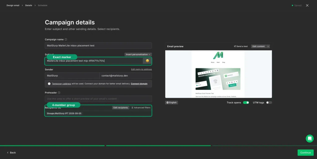 MailerLite campaign prepared with a placement marker and controlled seed recipients