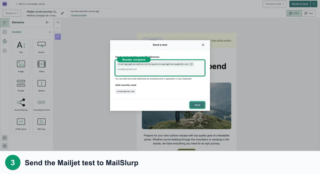 Mailjet test-send screen with green callouts around the MailSlurp render recipient and send action
