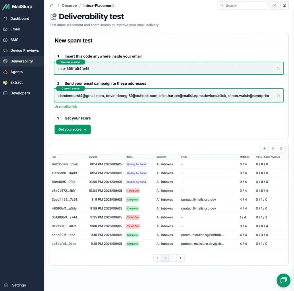 MailSlurp inbox placement setup with green callouts around the unique marker, seed list, and provider CSV action