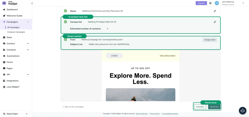 Mailjet campaign screen with green callouts around the current seed audience, marker, recipient count, and send action