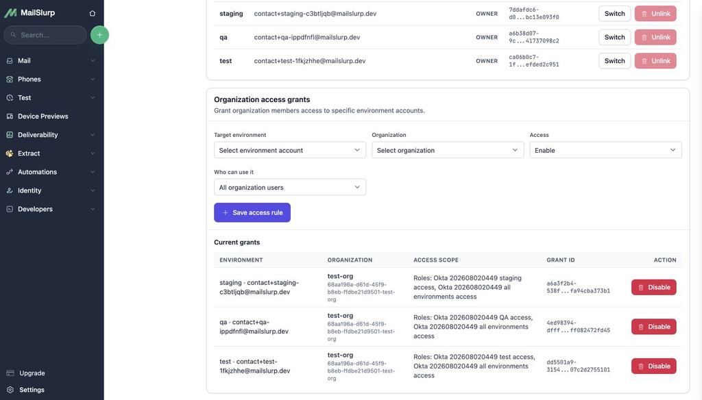 MailSlurp environment grants restricted to Okta-managed roles