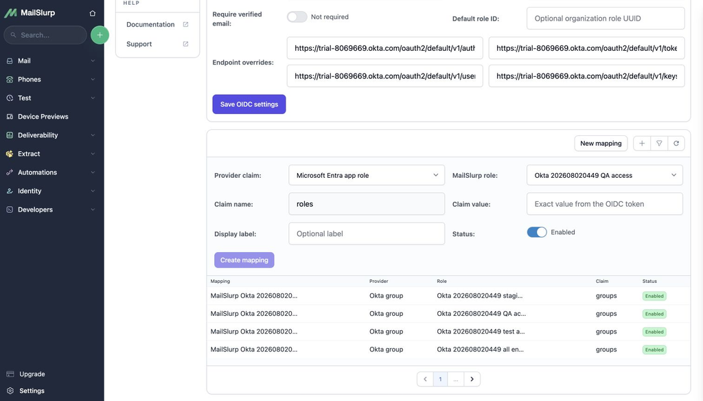 MailSlurp role mappings for Okta groups