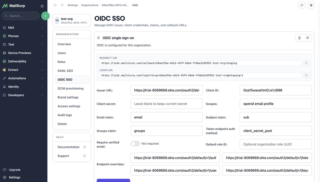 MailSlurp OIDC settings for Okta