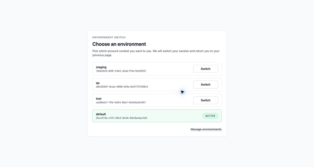 MailSlurp environment chooser after launching the Okta tile