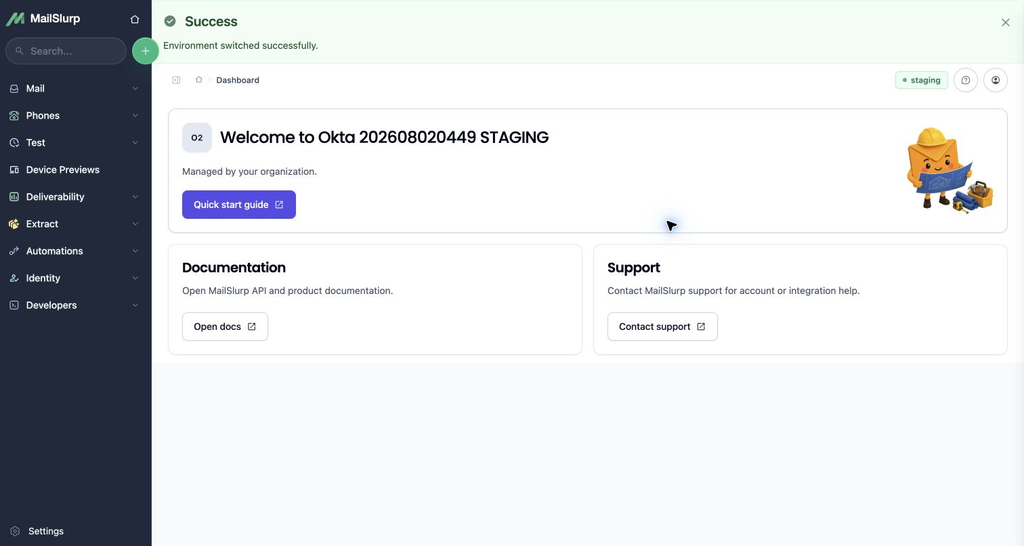 MailSlurp dashboard after an Okta tile user switches to staging