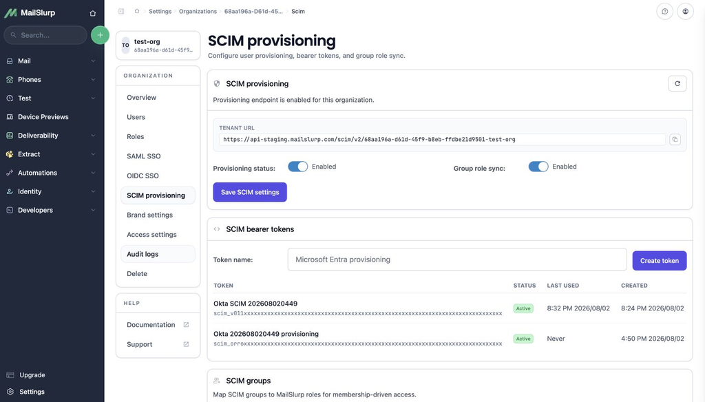 MailSlurp SCIM provisioning screen with group role sync enabled