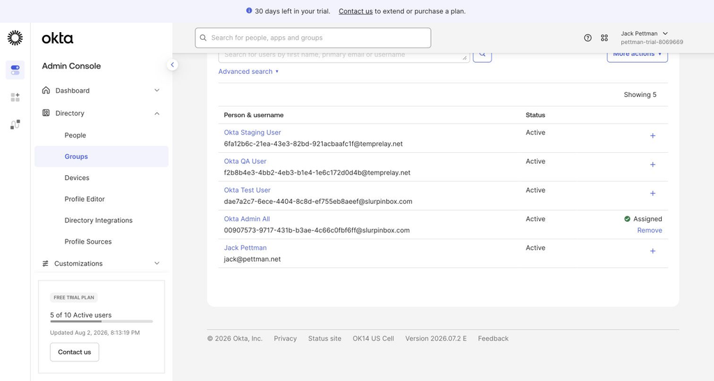 Okta group membership for a MailSlurp environment group