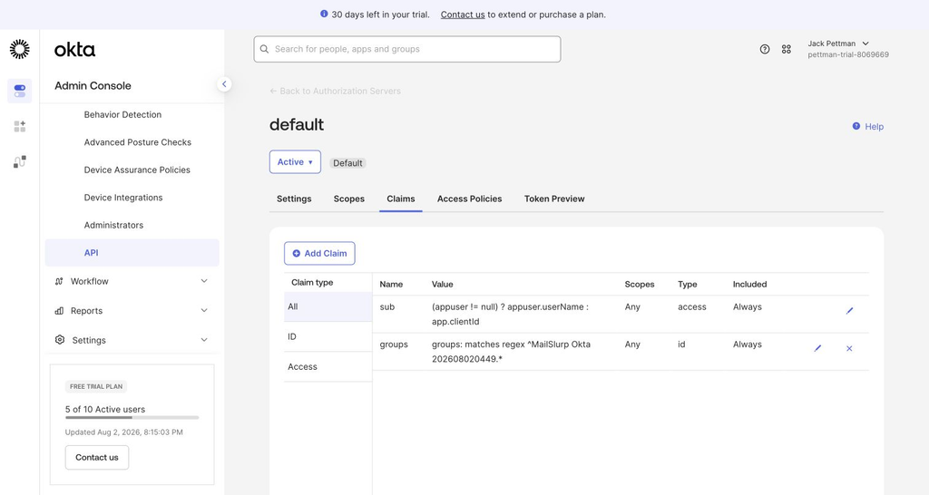 Okta authorization server groups claim for MailSlurp groups