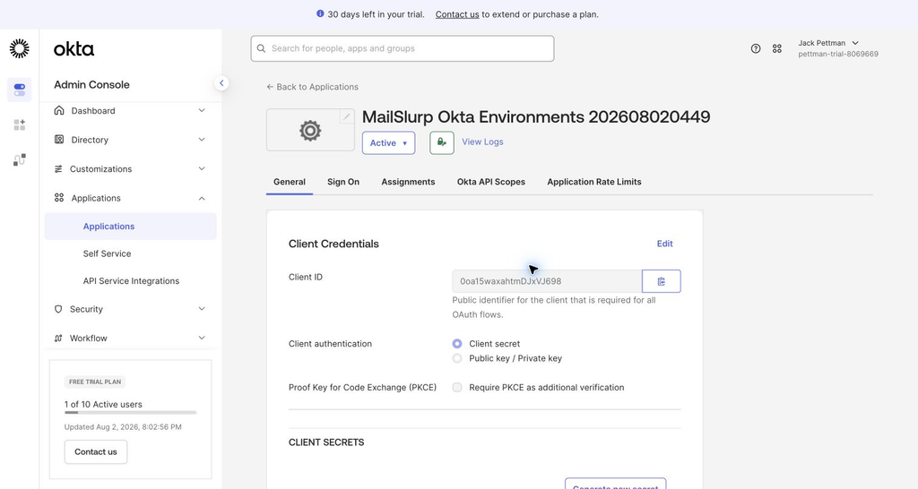 Okta OIDC app general settings for MailSlurp