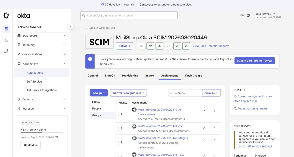 Okta SCIM app group assignments