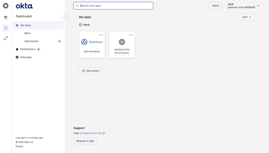 Okta My Apps dashboard showing the MailSlurp OIDC tile