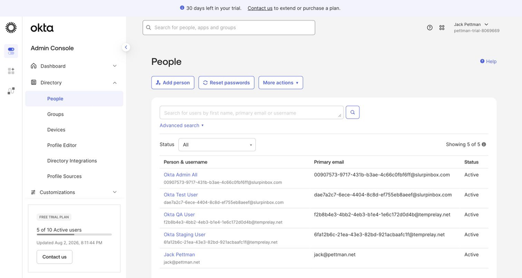 Okta users for MailSlurp environment testing