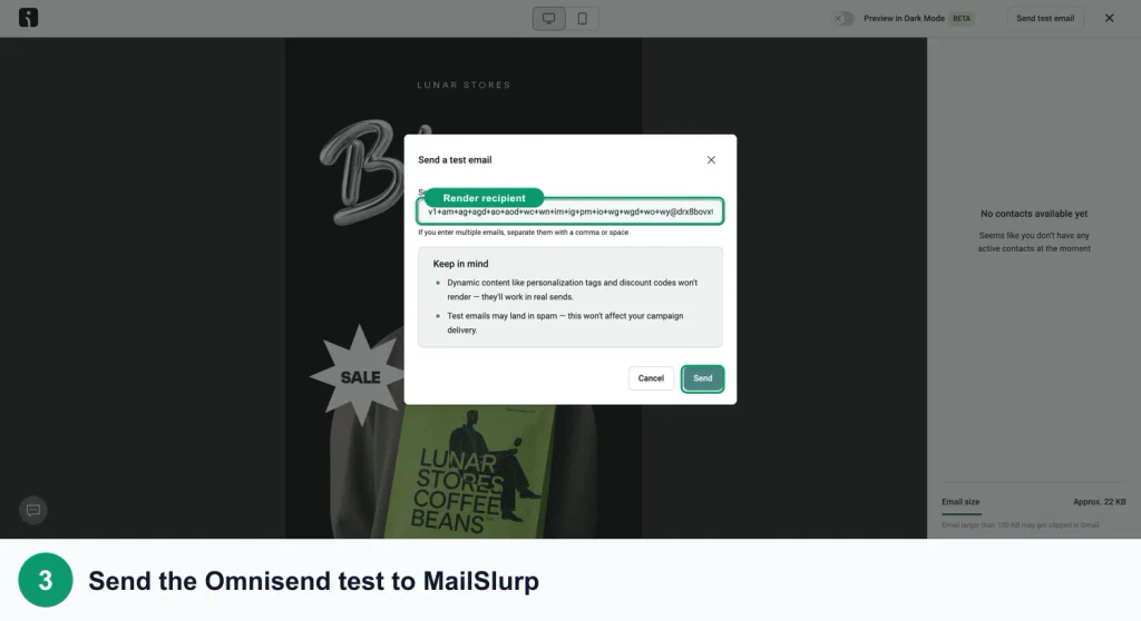 Omnisend test-send screen with green callouts around the MailSlurp render recipient and send action