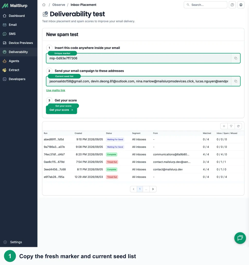 MailSlurp inbox placement setup with green callouts around the unique marker, seed list, and provider CSV action