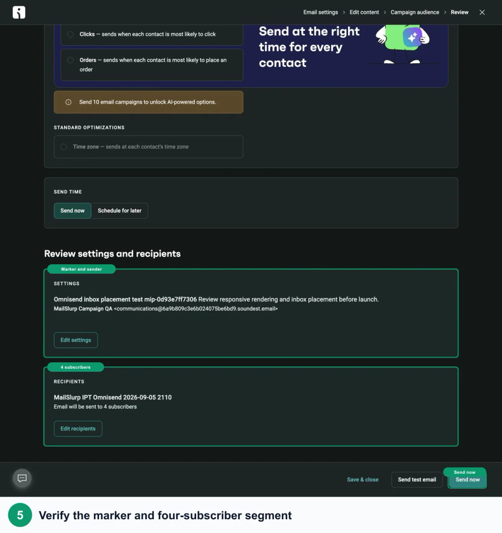 Omnisend campaign screen with green callouts around the current seed audience, marker, recipient count, and send action