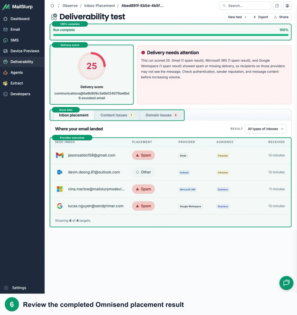 Completed MailSlurp Omnisend inbox placement result with green callouts around the completion percentage, provider outcomes, and issue tabs
