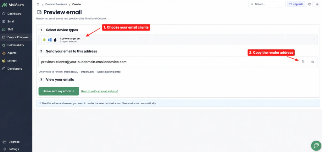 MailSlurp device preview setup with arrows showing the selected email clients and privacy-safe render address