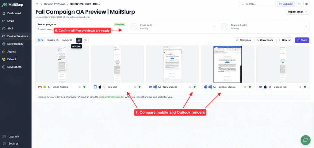 Completed MailSlurp device previews for a Salesforce campaign across email clients