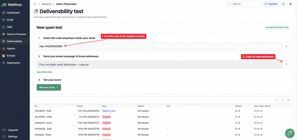 MailSlurp inbox placement setup with arrows showing the unique message code and privacy-safe provider seed addresses