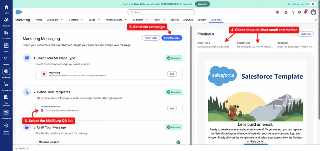 Salesforce Send Marketing Email flow with arrows showing the MailSlurp QA list, published marked email, and send action