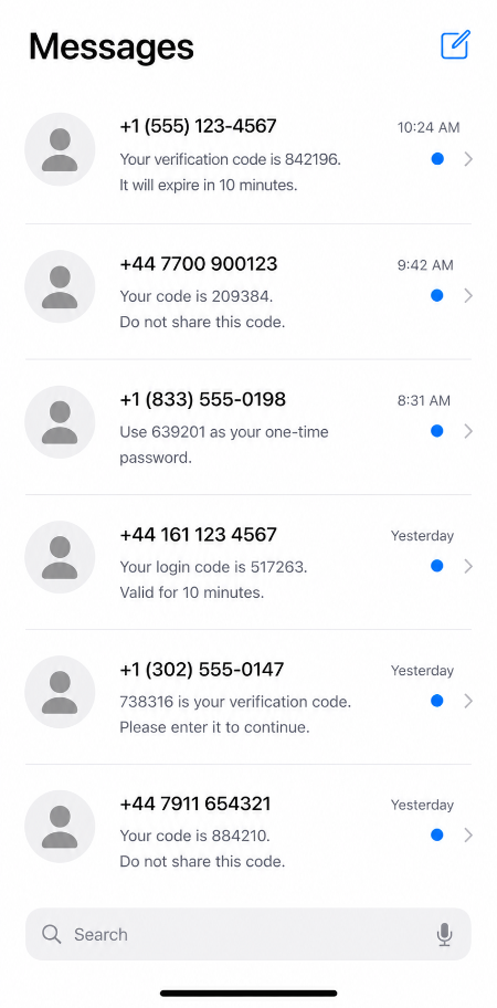 A real SMS verification message received on a phone