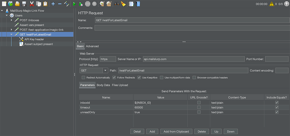 JMeter test plan interface for an email load test