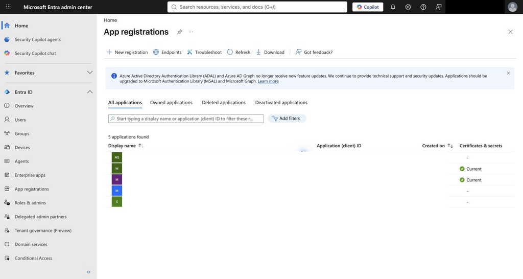 Entra app registrations page