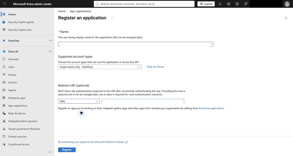 Entra register application form with the MailSlurp callback URI
